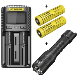 Nitecore UM2 Laddare + Nitecore 21700 NL2160HP 6000mAh Li Ion Batterier & P23i