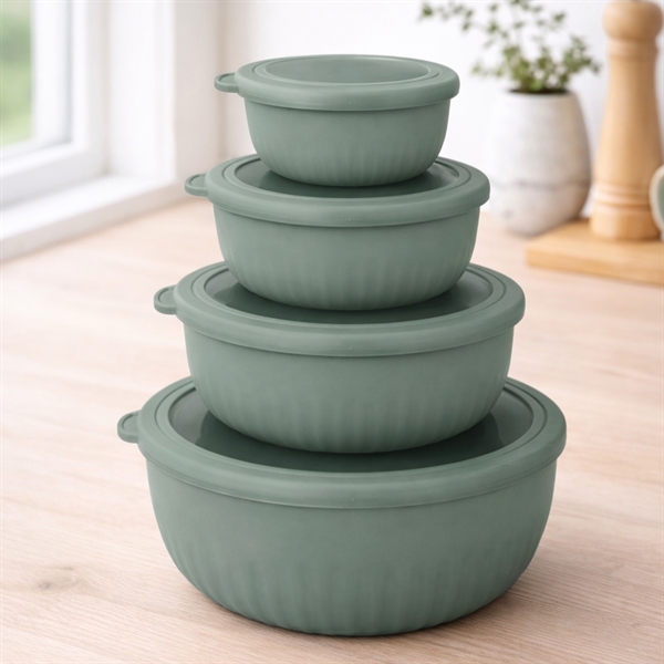 Skålset med lock i rund form 4 st. i plast, grön