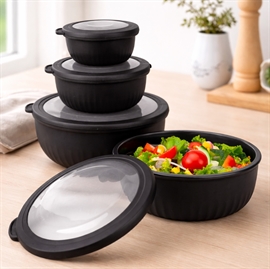Skålset med lock i rund form 4 st. i plast, svart