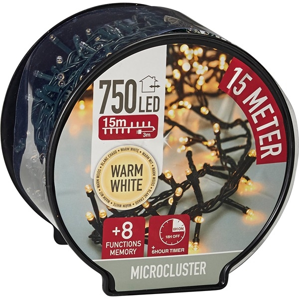 LED-mikroklusterljuskedja med 750 Lysdioder och Timer 15 m, Varmvit