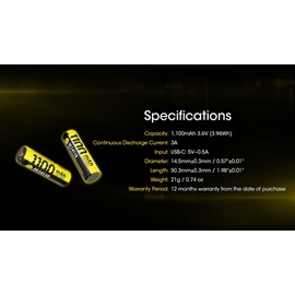 Nitecore 14500 NL1411R 1100mAh Li Ion-batteri - USB-C Uppladdningsbart 