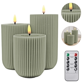 LED Blockljus 3 st. 10, 12,5 och 15 cm Räfflade Vaxljus med Resin, Sage Grön