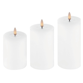 3-pack LED blockljus 7,5 x 10, 12,5 och 15 cm vaxljus med resin, vit