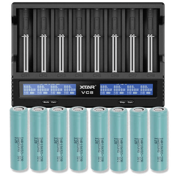 Xtar VC8S Li-ion & NiMH/NiCd batteriladdare + 8 st. Samsung INR18650-20R 2000mAh Li Ion-batterier