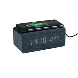 Grundig Väckarklocka med Trådlös Laddare och Digital Display i Svart Trä