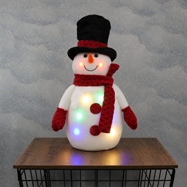 LED Snögubbe med Hatt 42 cm med Färgat Ljus – Julfigur i Filt, Vit/Röd