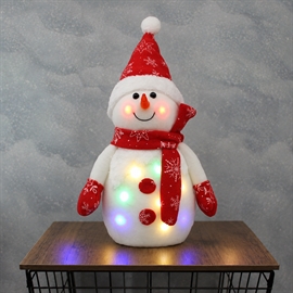 LED Snögubbe med hatt 42 cm med färgat ljus – julfigur i filt, vit/röd