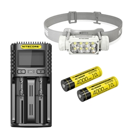 Nitecore HC65 UHE, Grå pannlampa - Set med 1 st. Extra NL1840HP Batteri och UM2 Laddare