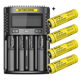 Nitecore UMS4 Laddare + Nitecore 21700 NL2160 6000mAh Li Ion Batterier, 4 st.