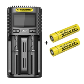 Nitecore UMS2 Laddare + Nitecore 18650 NL1840 4000mAh Li Ion batterier, 2 st.