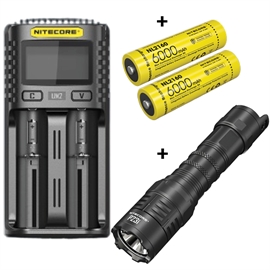 Nitecore UM2 Laddare + Nitecore 21700 NL2160 6000mAh Li Ion batterier & P23i