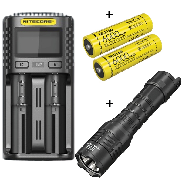 Nitecore UM2 Laddare + Nitecore 21700 NL2160 6000mAh Li Ion batterier & P23i