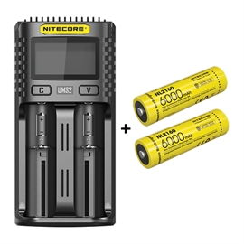 Nitecore UMS2 Laddare + Nitecore 21700 NL2160 6000mAh Li Ion batterier, 2 st.