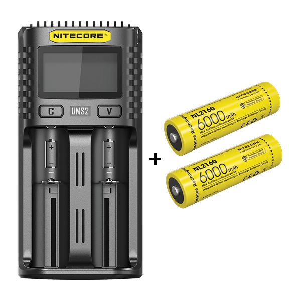 Nitecore UMS2 Laddare + Nitecore 21700 NL2160 6000mAh Li Ion batterier, 2 st.
