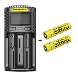 Nitecore UM2 Laddare + Nitecore 18650 NL1840 4000mAh Li Ion Batterier, 2 st.