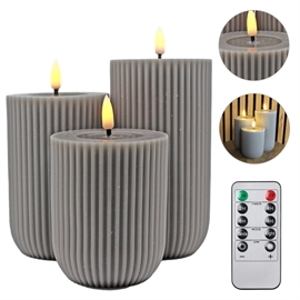 LED Blockljus 3 st. 10, 12,5 och 15 cm Räfflade Vaxljus med Resin, Antracitgrå