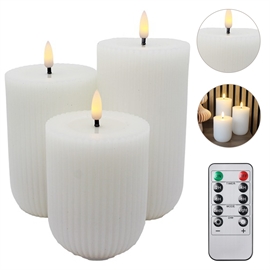 LED Blockljus 3 st. 10, 12,5 och 15 cm Ribbade Vaxljus med Resin, Vit