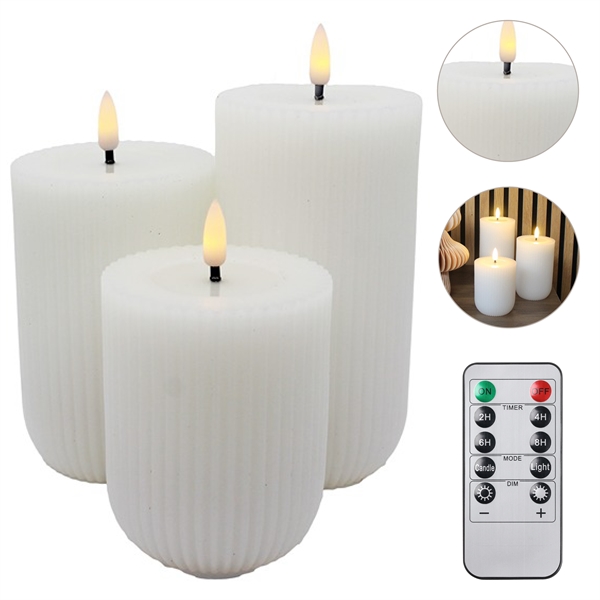 LED Blockljus 3 st. 10, 12,5 och 15 cm Ribbade Vaxljus med Resin, Vit