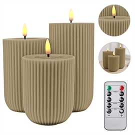 LED blockljus 3 st. 10, 12,5 och 15 cm Räfflade vaxljus med Resin, Latte