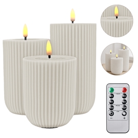 LED Blockljus 3 st. 10, 12,5 och 15 cm Räfflade Vaxljus med Resin, Whisper White
