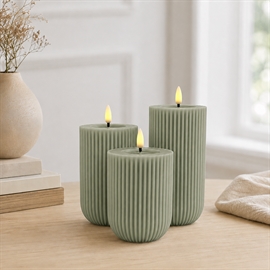 LED Blockljus 3 st. 10, 12,5 och 15 cm Räfflade Vaxljus med Resin, Sage grön