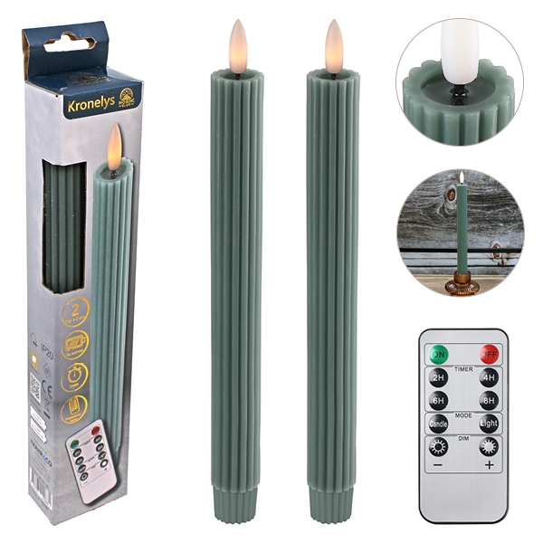 LED Kronljus 25 cm 2 st. Räfflade Vaxljus med Resin Topp, Lagergrön
